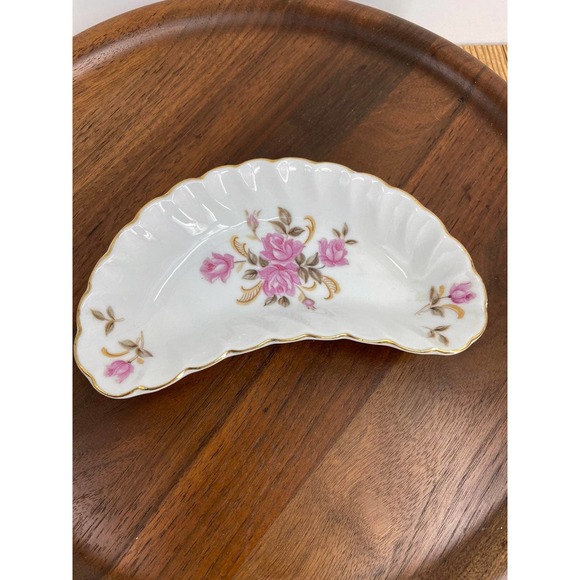 Lefton China Bone Dish /Trinket Dish Curved  Pink Floral Hand painted #706 6" - Picture 1 of 4